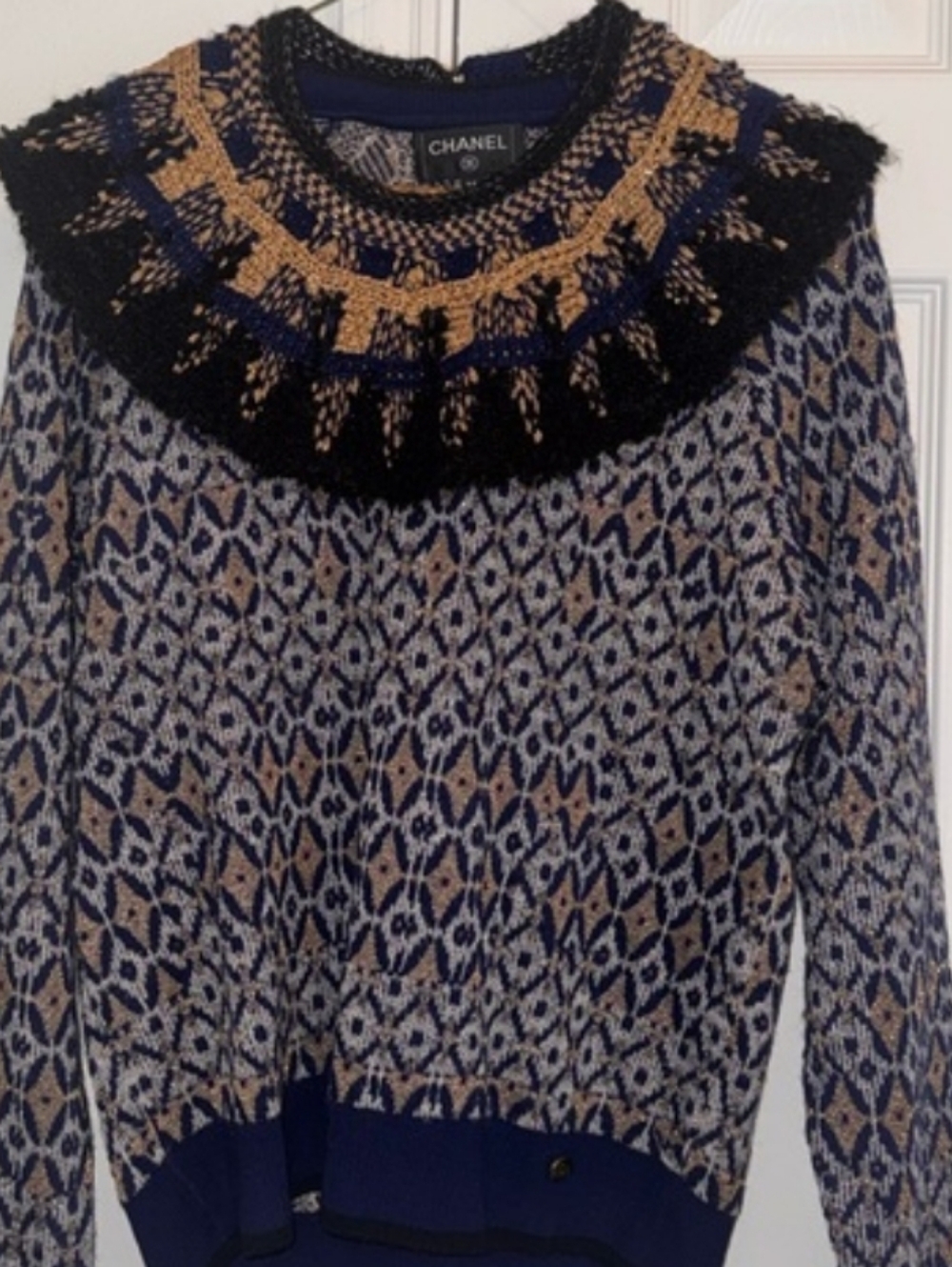 CHANEL Navy, Tan and Black Fair Isle Yoke Sweater
